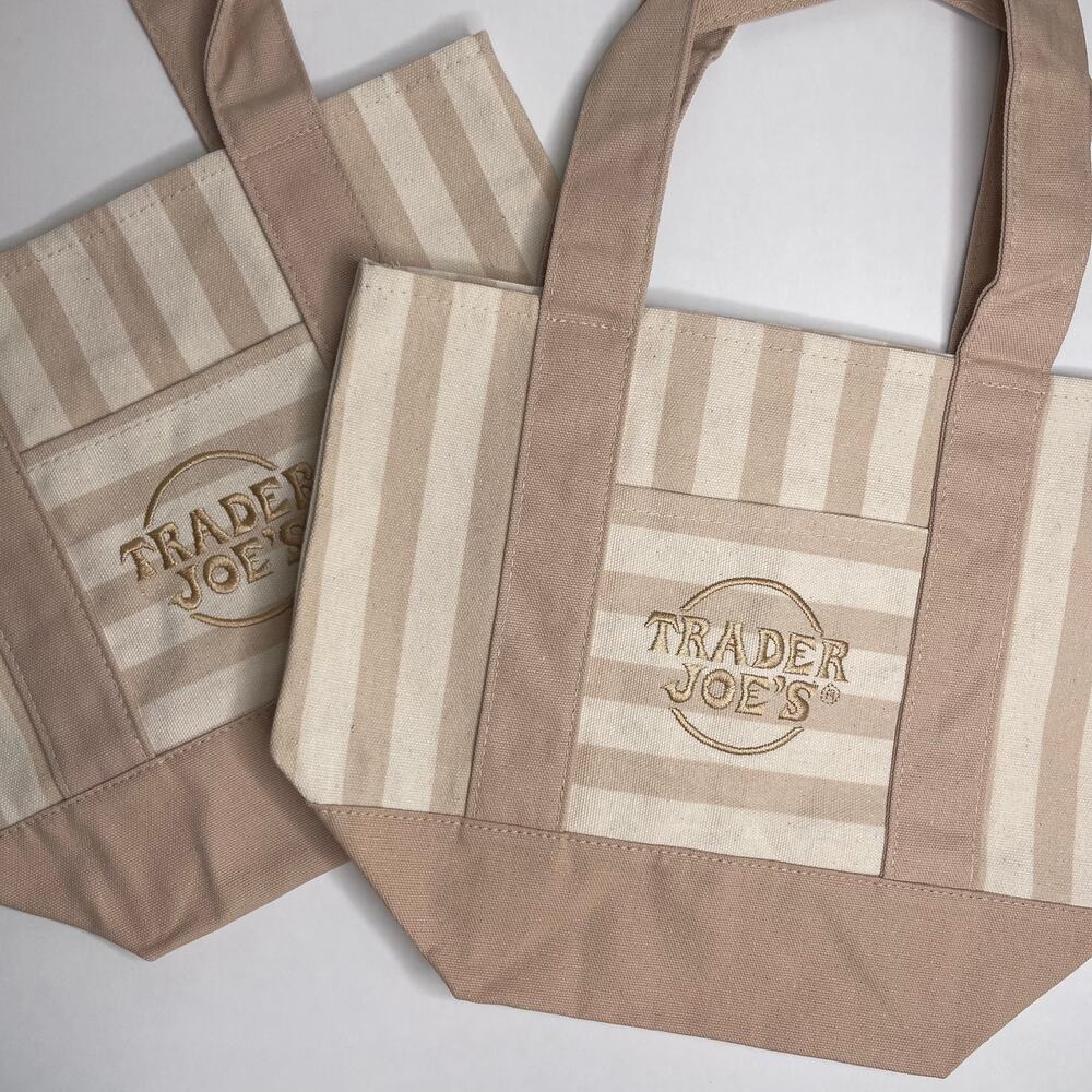 Set of 2 — Trader Joe’s Canvas MINI Tote Bag PASTEL STRIPE KHAKI TAN BROWN CREAM